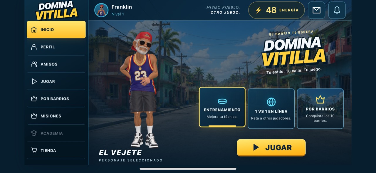 Lobby de Domina Vitilla con El Vejete y los modos entrenamiento, uno contra uno y Por Barrios